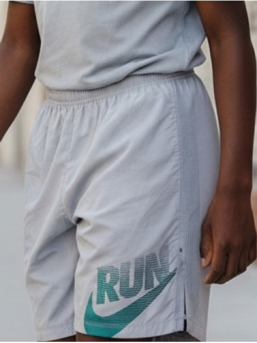 Nike Light Gray Mens RUN Graphic Athletic Shorts with Teal Swoosh - Size XL